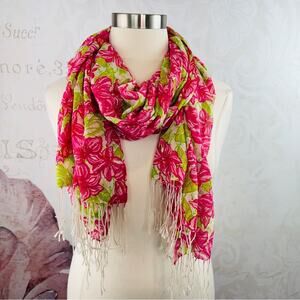 Lilly Pulitzer Pink Floral 51% Silk 49% Cashmere Scarf Fringe